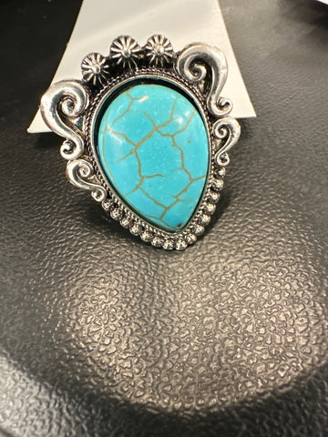 Whitley Turquoise and Silvertone Ring- Adjustable