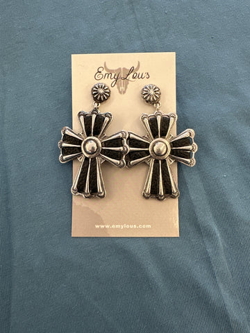 Black Stitched Cross Earrings