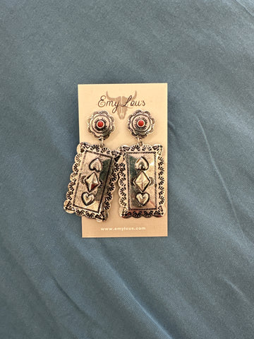 Fowler Red Silvertone Earrings