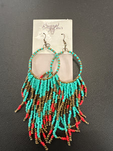 Turquoise, Bronze, & Red Beaded Earrings