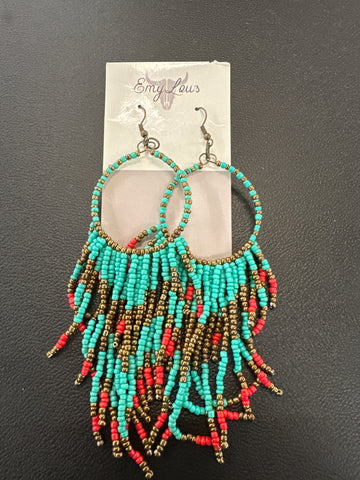 Turquoise, Bronze, & Red Beaded Earrings