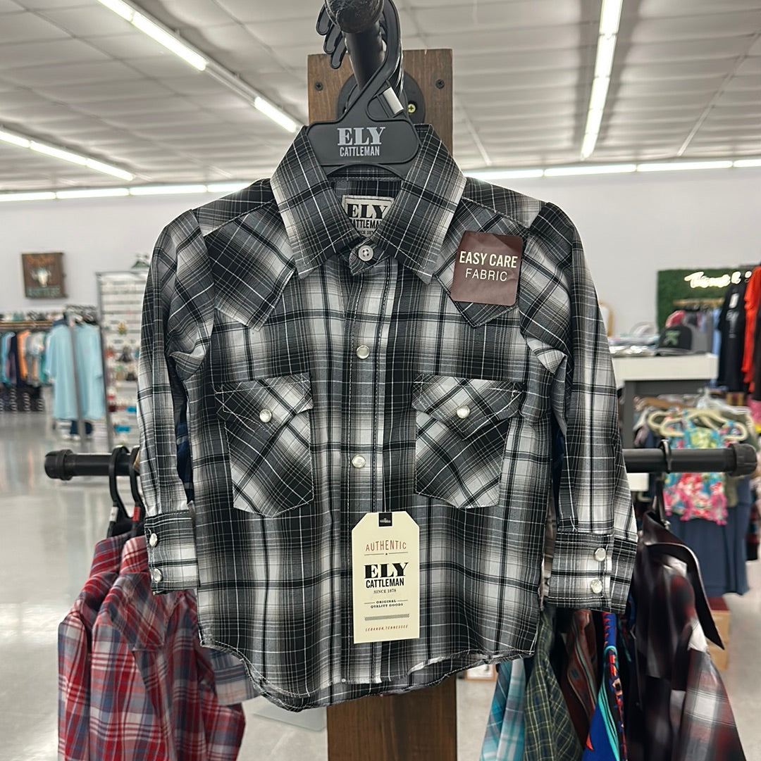 YOUTH Ely Cattleman Pearl Snap- Black Plaid Long Sleeve