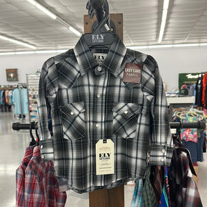 YOUTH Ely Cattleman Pearl Snap- Black Plaid Long Sleeve