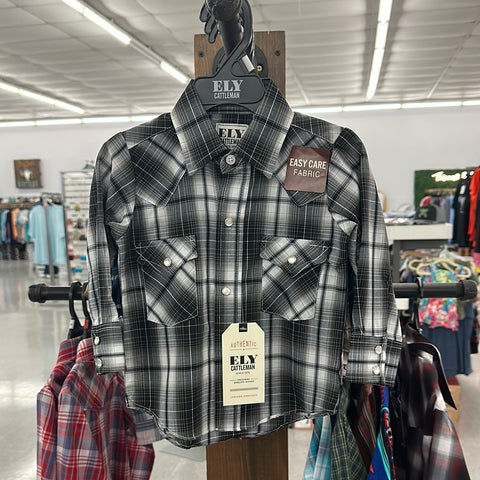 YOUTH Ely Cattleman Pearl Snap- Black Plaid Long Sleeve