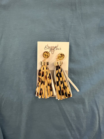 Gold Glitter Disk Leopard Tassel Earrings