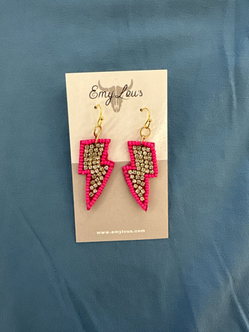 Sparkle Fuchsia Lightning Bolt Seed Bead Earrings