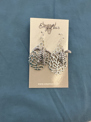 Silvertone Coral Terrace Turtle Earrings