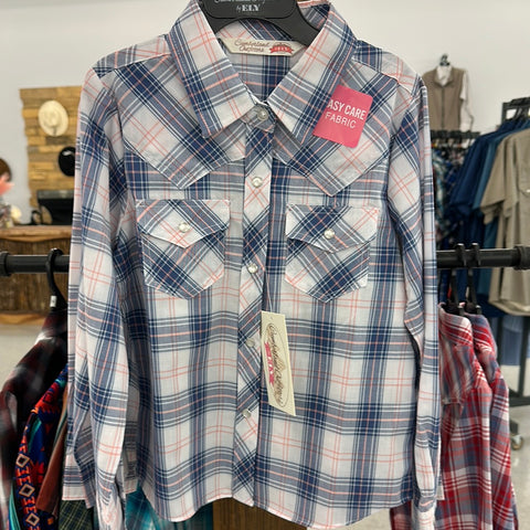 YOUTH Cumberland Outfitters by Ely- Pale Blue and Pink Long Sleeve Pearl Snap by