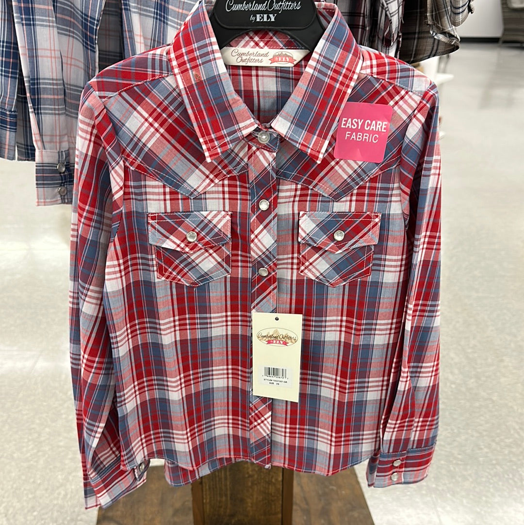 YOUTH Cumberland Outfitters by Ely- Red, Pale Blue, and Pink Long Sleeve Pearl Snap by