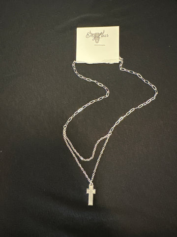 Silvertone Double Chain Matte Cross Necklace