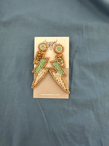 Gold Trimmed Mint and Ivory Seed Bead Thunderbolt Earrings