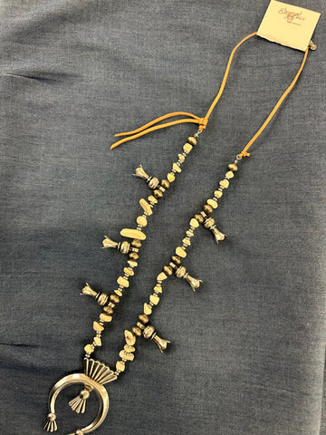 SILVERTONE AND WHITE CHIP STONE SQUASH BLOSSOM NECKLACE