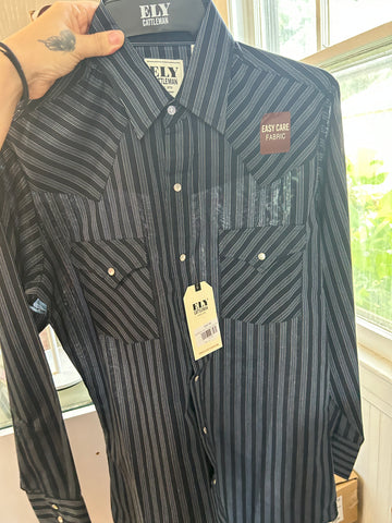 Ely Cattleman Pearl Snap- Navy Stripe Long Sleeve