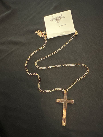 CRYSTAL AVENUE BROWN COW CROSS PENDANT GOLDTONE NECKLACE