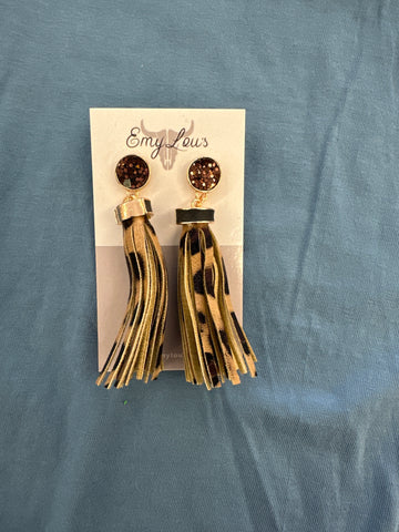 Brown Glitter Disk Leopard Tassel Earrings