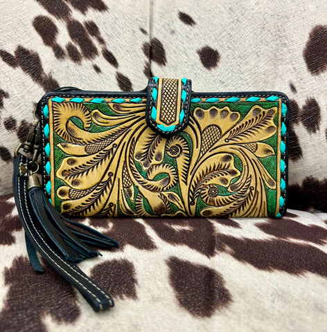 Western Swing Hand-Tooled Wristlet Wallet