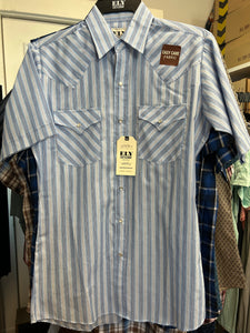 Ely Cattleman Pearl Snap- Light Blue Stripe Short Sleeve