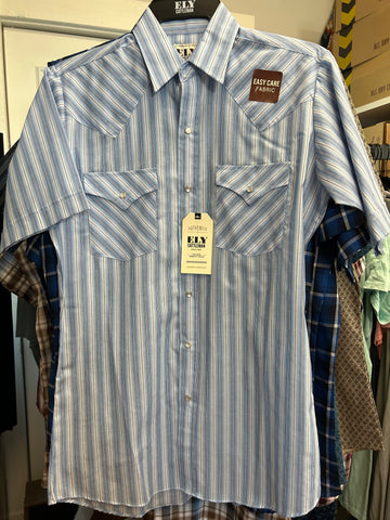 Ely Cattleman Pearl Snap- Light Blue Stripe Short Sleeve