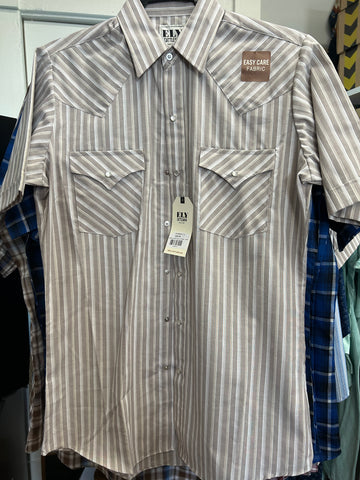 Ely Cattleman Pearl Snap- Tan Stripe Short Sleeve