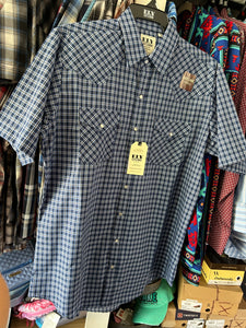 Ely Cattleman Pearl Snap- Blue & Black Stripe Plaid Short Sleeve