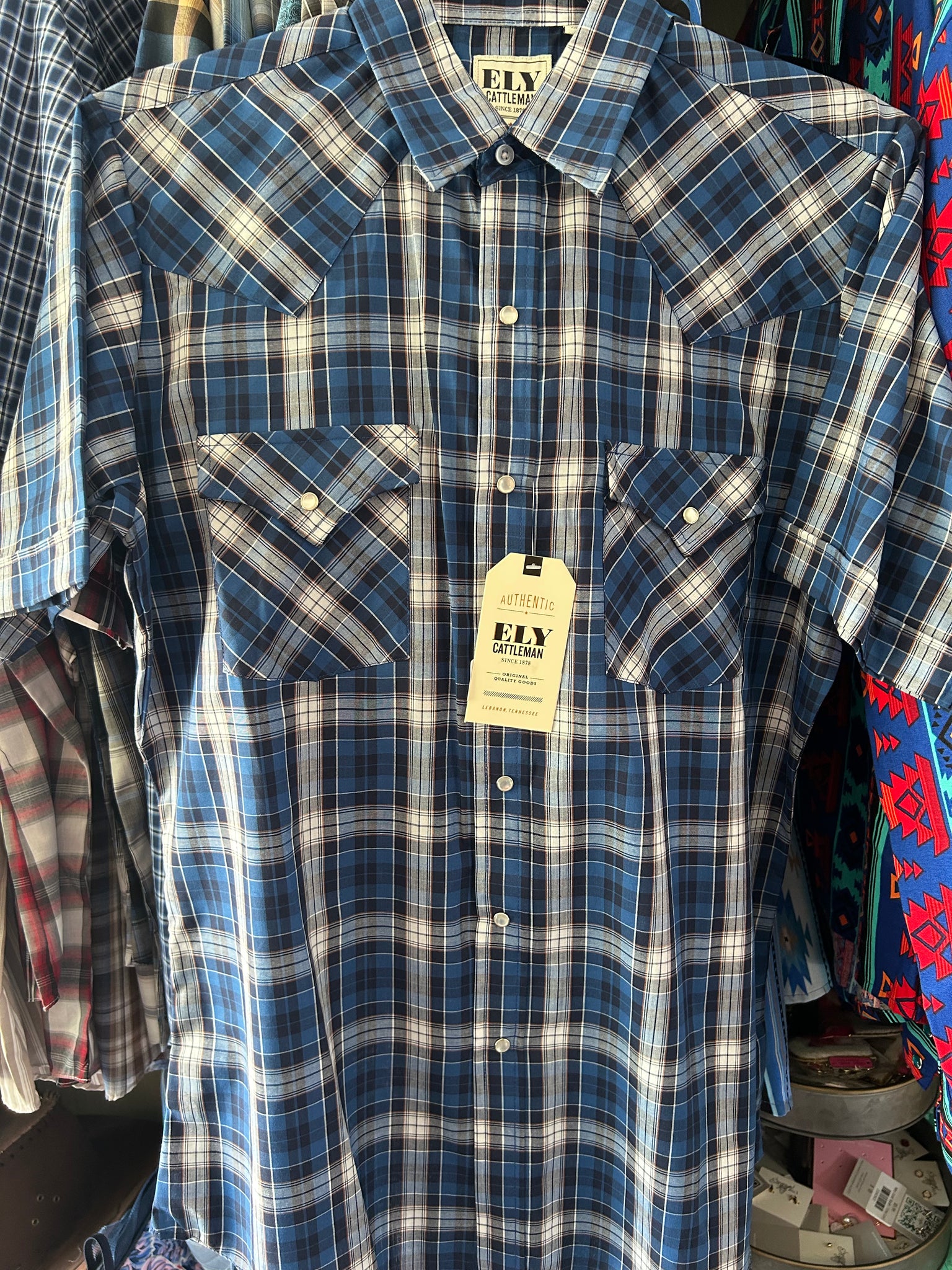 Ely Cattleman Pearl Snap- Blue & Orange Plaid Short Sleeve