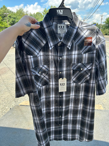Ely Cattleman Pearl Snap- Gray & Black Plaid Short Sleeve