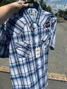 Ely Cattleman Pearl Snap- Light Blue & Brown Plaid Short Sleeve