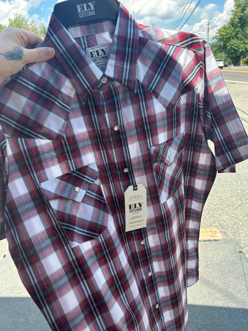 Ely Cattleman Pearl Snap- Red Black & White Short Sleeve