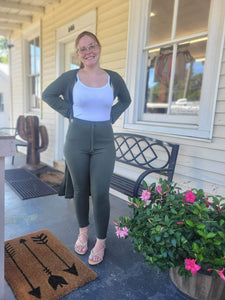 Olive Ribbed Long Cardigan & Leggings Set: