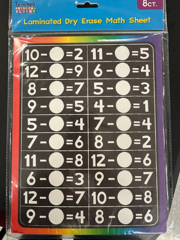 Laminated Dry Erase Math Sheet 8ct