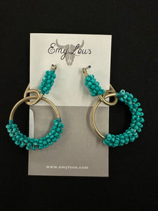 Turquoise Seed Beaded Worn Goldtone Geo Hoop Earrings