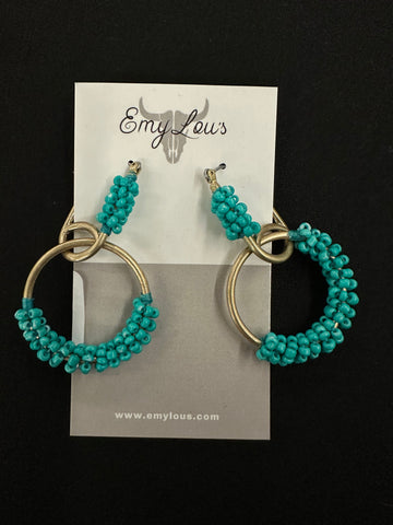 Turquoise Seed Beaded Worn Goldtone Geo Hoop Earrings