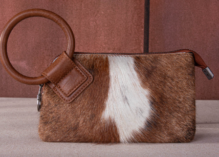 Montana West Genuine Hair-On Cowhide Ring Handle Wristlet Clutch Bag- Brown