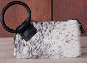 Montana West Genuine Hair-On Cowhide Ring Handle Wristlet Clutch Bag- Black