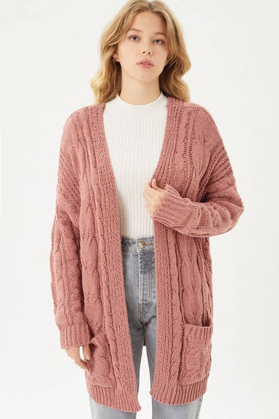 Chunky Cable Knit Ribbed Open Front Cardigan -Mauve