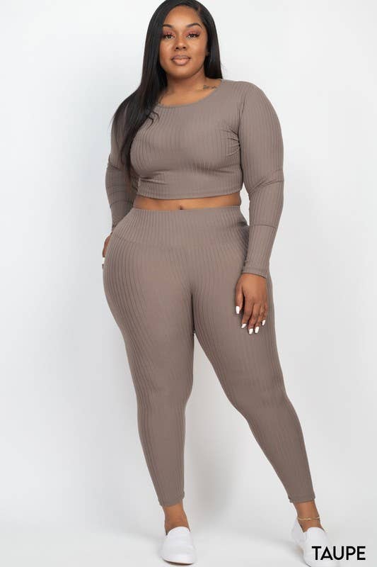 Plus Size Ribbed Crop Top & Leggings Set: Taupe