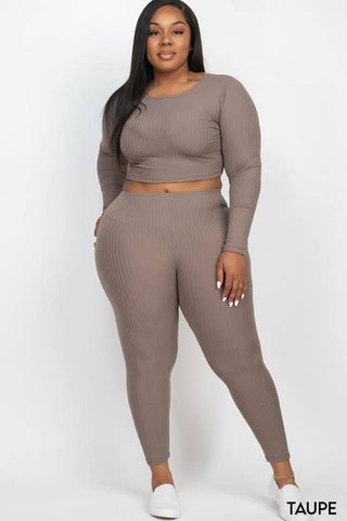 Plus Size Ribbed Crop Top & Leggings Set: Taupe