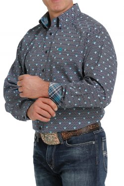 Cinch Men's Geometric Button Down- Dark Blue, White & Teal