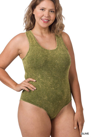 Acid Wash Racerback Tank Bodysuit: Olive