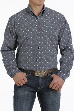 Cinch Men's Geometric Button Down- Dark Blue, White & Teal