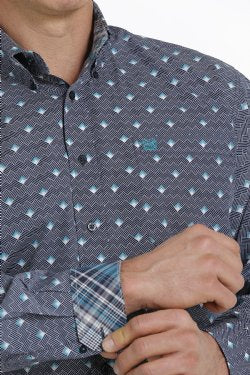 Cinch Men's Geometric Button Down- Dark Blue, White & Teal