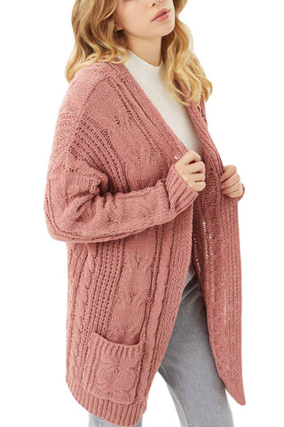 Chunky Cable Knit Ribbed Open Front Cardigan -Mauve