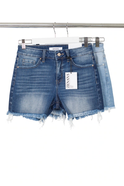 Mid Rise Raw Hem Denim Shorts
