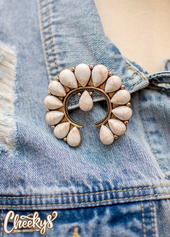 Charlotte Squash Blossom Brooch Pin in Buffalo Stone with Burnished Gold
