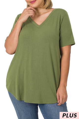Plus Short Sleeve V-neck Round Hem Top: Ash Olive