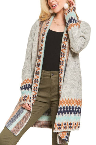Grey Tribal Open Front Cardigan