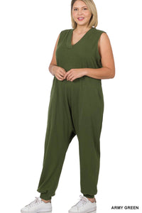 Plus Sleeveless Harem Jumpsuit: Army Green