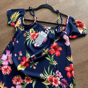 Navy Blue Hawaiian Cold Shoulder Top