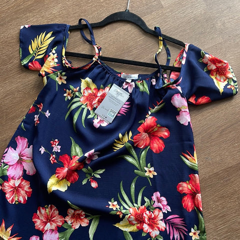 Navy Blue Hawaiian Cold Shoulder Top