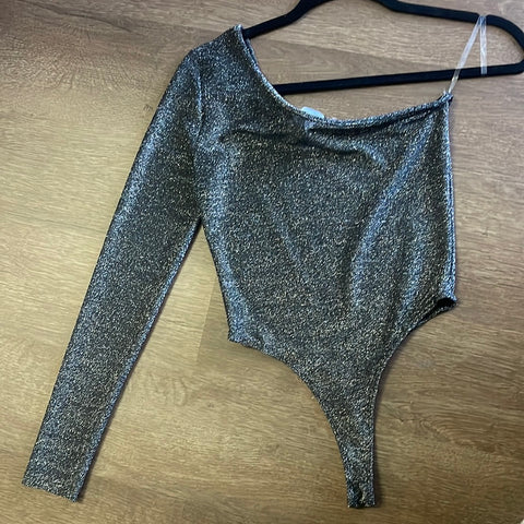 Black Glitter One Sleeve Bodysuit